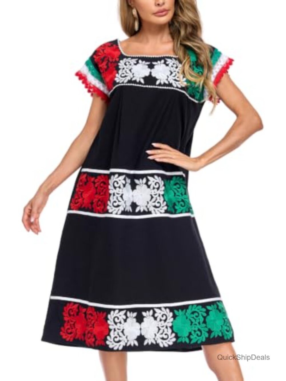 Mexican Embroidered Cotton Midi Peasant Dress Lace Short Sleeve
